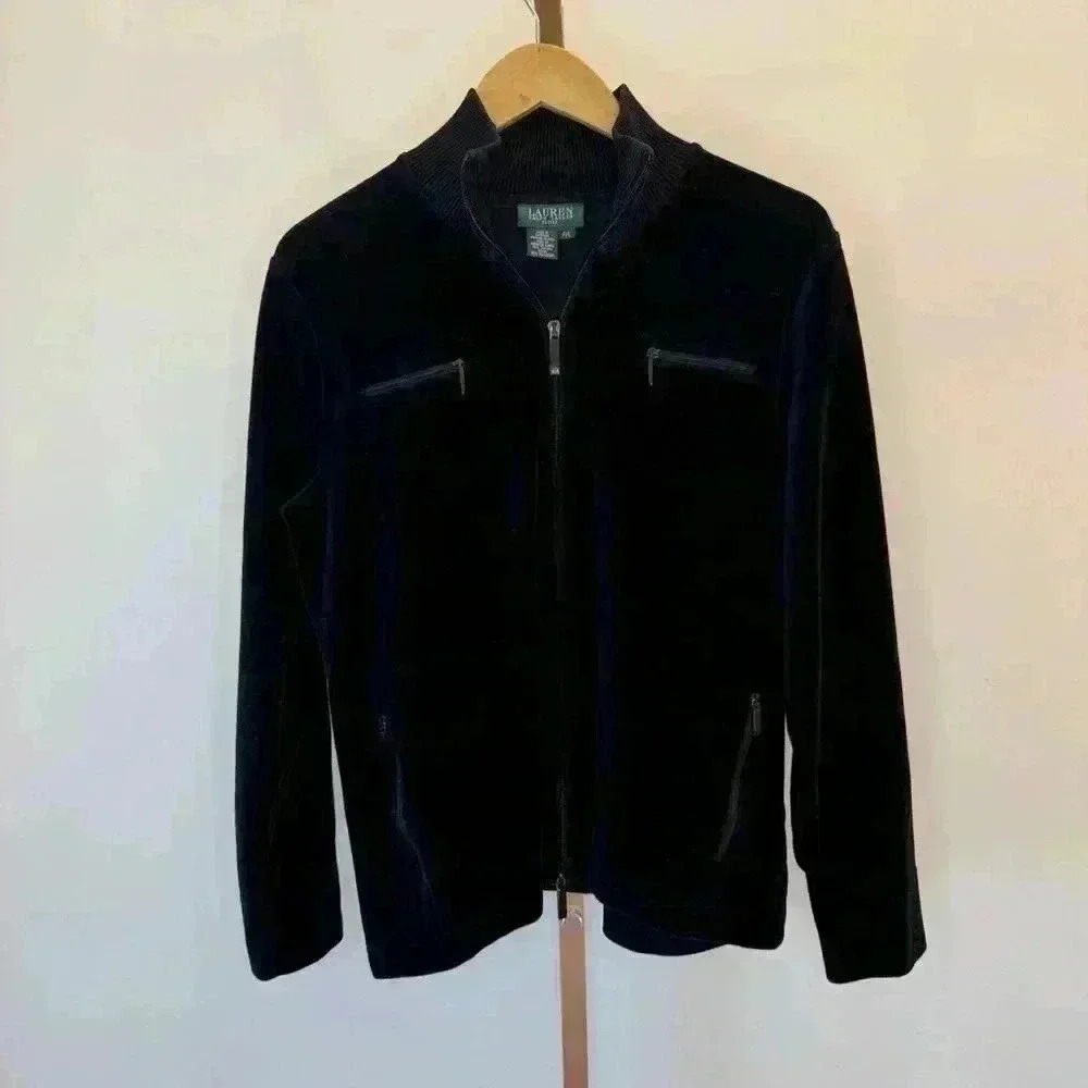 Lauren Ralph Lauren Women's Petite Velour Full Zip Jacket Black L - Picture 2 of 10